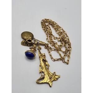 Vintage Charm Necklace Lady figure Art Nouveau Style Locket Shoe Blue Stone